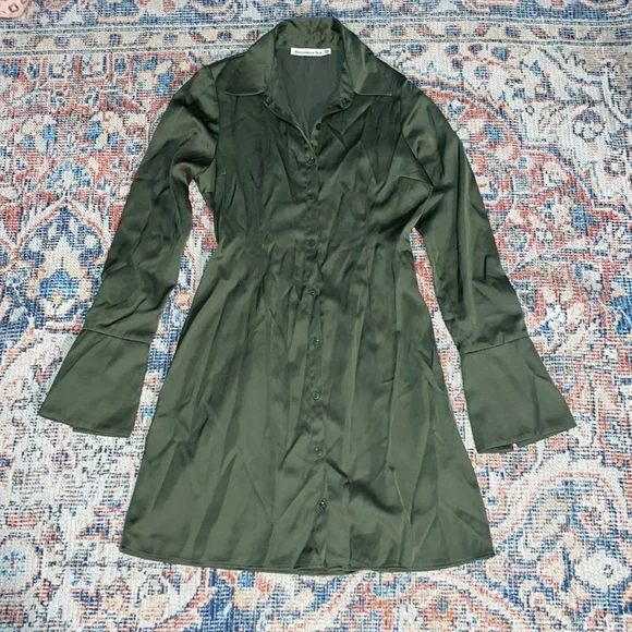 Abercrombie & Fitch Green Satin Long Sleeve Shirt Dress SZ XXS EUC - Picture 2 of 6